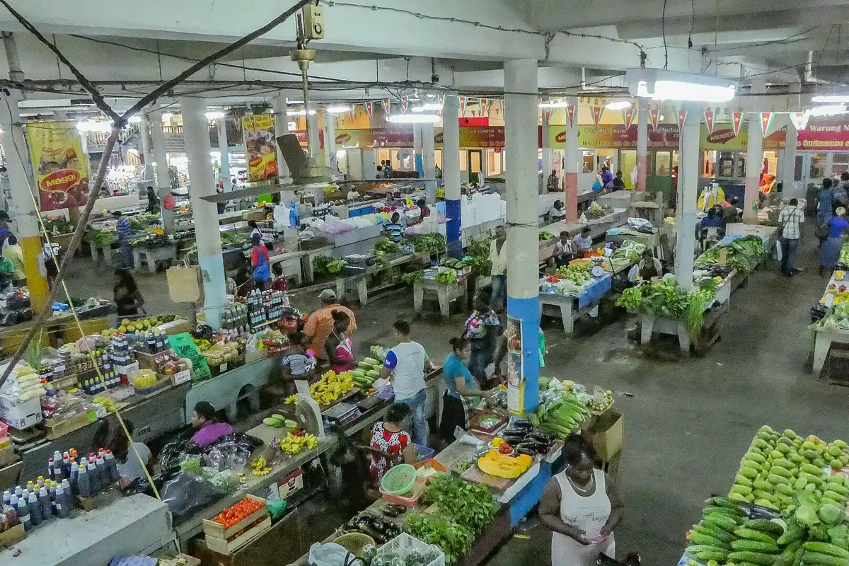 Inside the covered central market in Paramaribo